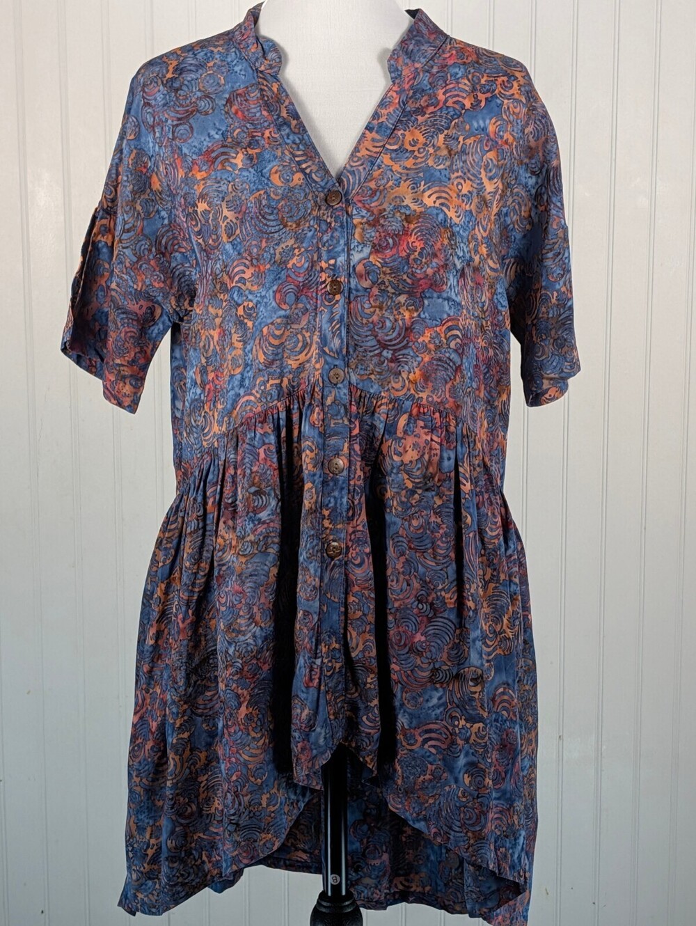 Women's Batik Tunic Asymetrical Hem Blue and Orange Go Fish Indonesia Small